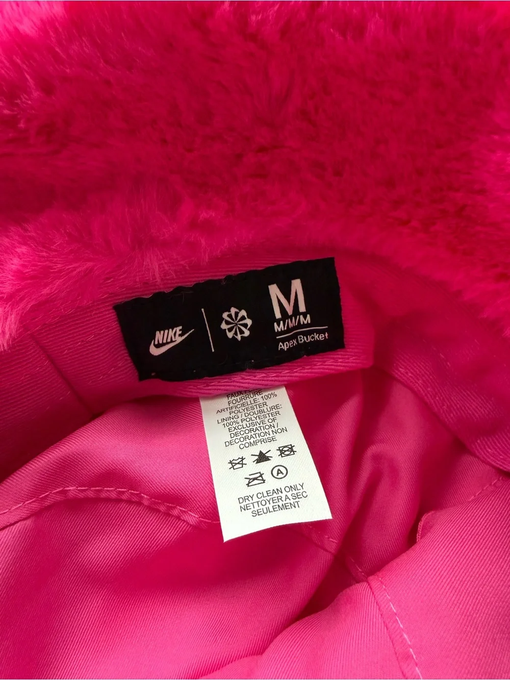 Nike Hot Pink Faux Fur Kids Bucket Hat with White Swoosh